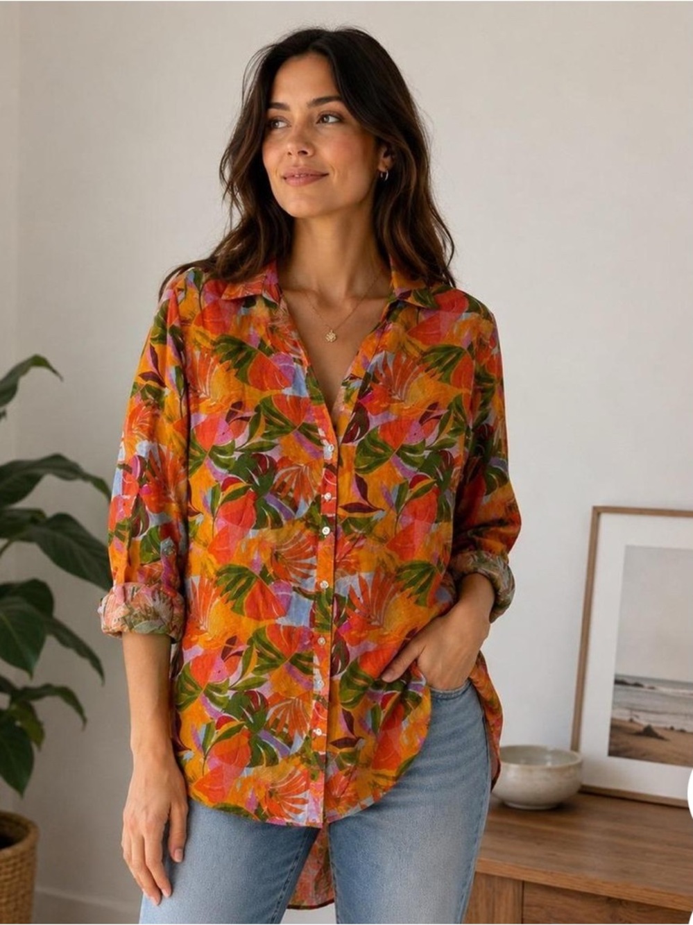 C&C California Womens XL Linen Multicolor Tropical Leaf Hawaiian Button Down Top